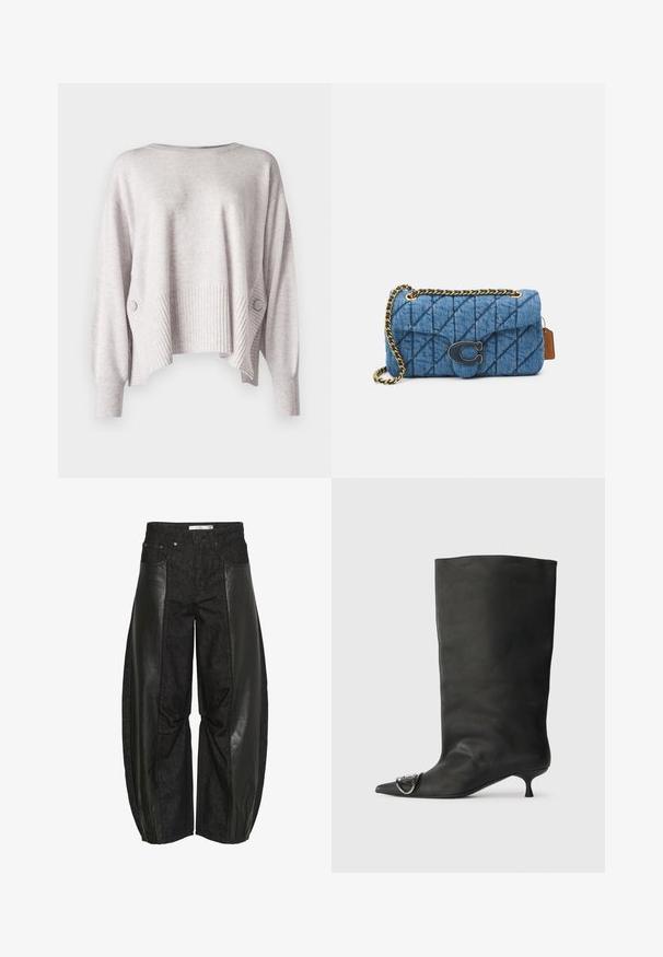 Jasnoszary, krótkotrwały sweter o prążkowanej teksturze, w oversize'owym stylu z opadającymi ramionami. Posiada dekoracyjny guzik z boku.; Czarne spodnie z mieszanką paneli denimowych i skórzanych. Model ma szerokie nogawki z różnymi teksturami, co tworzy wyraźny kontrast wizualny.; Czarne skórzane botki za kostkę z szpiczastym noskiem, małym obcasem i metalicznym akcentem na nosku. Gładka, matowa faktura na całej powierzchni.; Niebieska pikowana torba na ramię z denimu, z złotym łańcuchem i wyraźnym złotym logo na przodzie. Kompaktowy, prostokątny kształt.
