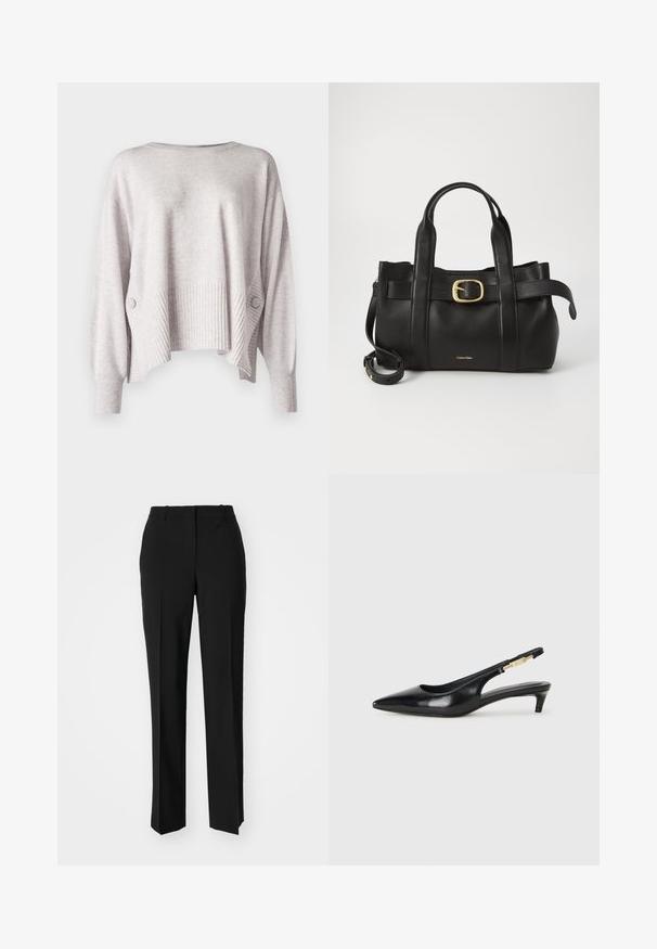 Vaaleanharmaa lyhythihainen neulepaita, jossa on ribbikuvio, suurikokoinen malli ja roikkova olkalinja. Sivussa on koristeellinen nappi.; Mustat räätälöidyt housut suoraa lahjetta, joissa on sileä pinta ja terävät taitteet edessä. Ei näkyvää metalliosaa.; Mustat nahkaiset slingback-korkokengät, joissa on terävä kärki, ohuet korot ja kultasävytteinen yksityiskohta säädettävässä hihnassa. Silkkinen pinta.; Musta nahkakäsilaukku, jossa on struktuurinen muotoilu, kaksoiskahvat, kultasävyinen solkiaksentti ja kohokuvioitu brändilogo edessä.