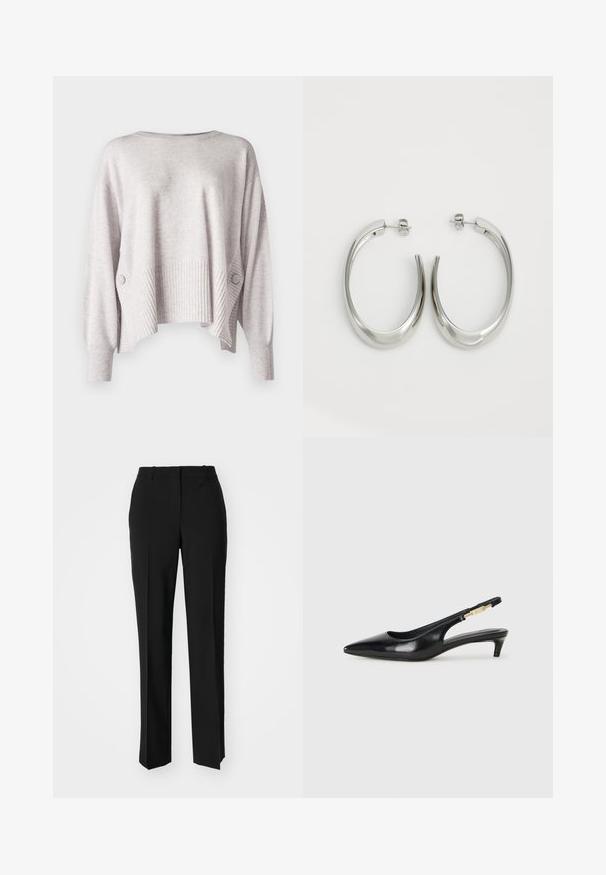 Pull court gris clair avec une texture côtelée, coupe oversize et design à épaules tombantes. Présente un bouton décoratif sur le côté.; Pantalon noir ajusté avec une coupe droite, présentant une texture lisse et des plis nets sur le devant. Aucune quincaillerie visible.; Talons hauts en cuir noir avec un bout pointu, dotés d'un talon fin et d'un accent en ton or sur la lanière réglable. Texture lisse.; Boucles d'oreilles en argent avec un design lisse et courbé. Présentent une finition métallique brillante et une fermeture à clou. Pas de motifs ou d'accents visibles.