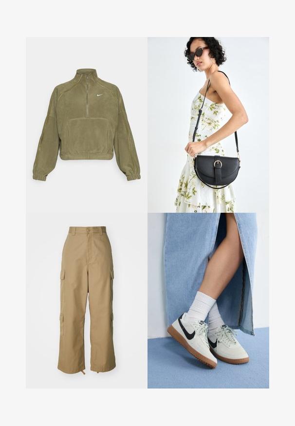 Oliven grøn fleece pullover-jakke med en halv lynlås, forlommer og Nike-logo. Har elastiske manchetter og subtile syninger.; Beige cargo bukser med høj talje, brede ben og fire store sidelommer. Fremstillet af slidstærkt stof med en glat tekstur og minimal detaljering.; Nike sneakers med et lys gråt ruskindsoverdel, sort swoosh-logo og gummisul. Båret med hvide ribbede sokker og en blå denimnederdel.; Sort læderhåndtaske med en buet form, aftagelig rem og guldfinish. Tasken har en klap med en spænde detalje.