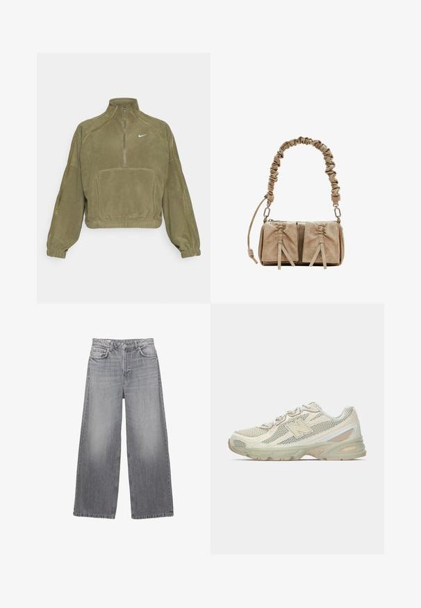 Olivgrüner Fleece-Pullover mit halbem Reißverschluss, Fronttasche und Nike-Logo. Verfügt über elastische Bündchen und subtile Nähte.; Graue Jeans im weiten Schnitt mit hohem Bund, fünf Taschen, verwaschenem Finish und kontrastierenden Nähten. Verfügt über einen Knopfverschluss und Gürtelschlaufen.; Leichte Sneakers mit einem Obermaterial aus Netz in Beige und Creme, ausgestattet mit einem auffälligen "N"-Logo, gepolsterter Sohle und strukturierten Akzenten.; Beige Wildleder-Handtasche mit einem gerafften Stoffgriff, zwei vorderen Taschen mit Zugverschluss und subtilen Texturakzenten.
