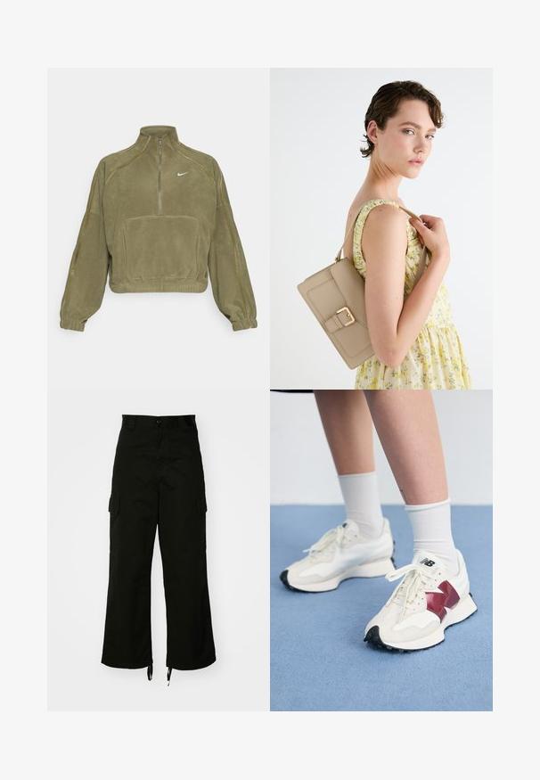 Pulover jachetă din fleece verde măsliniu cu fermoar pe jumătate, buzunar frontal și logo Nike. Dispune de manșete elastice și accente subtile de cusătură.; Pantaloni cargo negri din bumbac, cu picioare late, buzunare laterale și tivuri cu șnur. Designul include o închidere cu nasture la talie.; O pereche de adidași albi cu accente vișinii, panouri texturate, talpă neagră plată și șireturi ușoare, purtați cu șosete albe până la gleznă.; Geantă de piele bej cu un design structurat, accent cu cataramă aurie și curea ajustabilă, prezentată pe un fundal deschis.