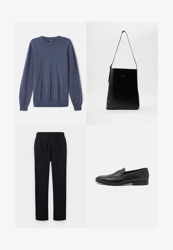 Pánský modrý svetr vyrobený z měkké tkaniny, s kulatým výstřihem, dlouhými rukávy, žebrovanými manžetami a přiléhavým spodním lemem. Hladká textura bez vzorů.; Černé kalhoty z hladkého materiálu, s pasem na šňůrku, rovnými nohavicemi a předními záhyby pro strukturovaný vzhled.; Černé kožené pánské mokasíny s nízkým podpatkem a klasickým designem se sponou, zobrazené v bočním profilu na bílém pozadí.; Černá kožená kabelka na rameno s hladkým povrchem, obdélníkovým tvarem a dlouhým popruhem; na středu má malé bílé logo.