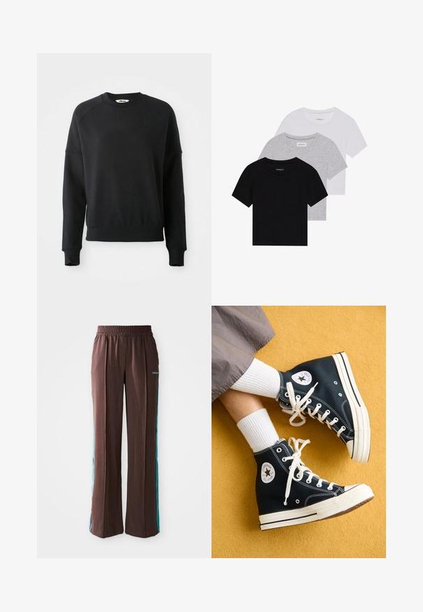 Black sweatshirt with a ribbed crew neck, raglan sleeves, and a slightly cropped fit. Features a subtle logo in the fabric. Soft texture.; Set of three short-sleeve t-shirts in black, gray, and white. Made from cotton, featuring a crew neck and a simple, solid color design.; Brown athletic pants with a ribbed texture, elastic waistband, and turquoise side stripes. Features the adidas logo on the front.; Black high-top canvas sneakers with white laces and rubber soles, featuring a round Converse All Star logo on the outer side.