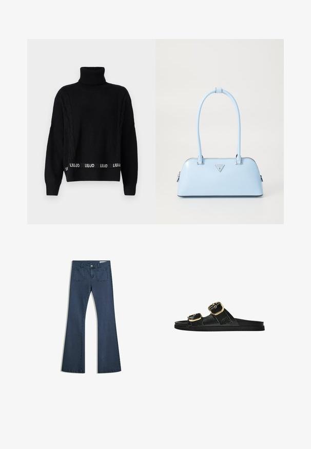 LIU JO Pulover - nero; Jeans din denim de un albastru închis, cu o croială evazată, buzunare cusute, închidere cu nasture și o textură netedă. Are un design clasic cu cinci buzunare.; Sandalie negre cu toc plat, cu două accente de cataramă aurie, din material texturat neted și design minimalist.; Geantă de mână bleu deschis, cu o formă structurată, din piele netedă, două mânere și un logo de brand triunghiular pe față. Închidere cu fermoar.
