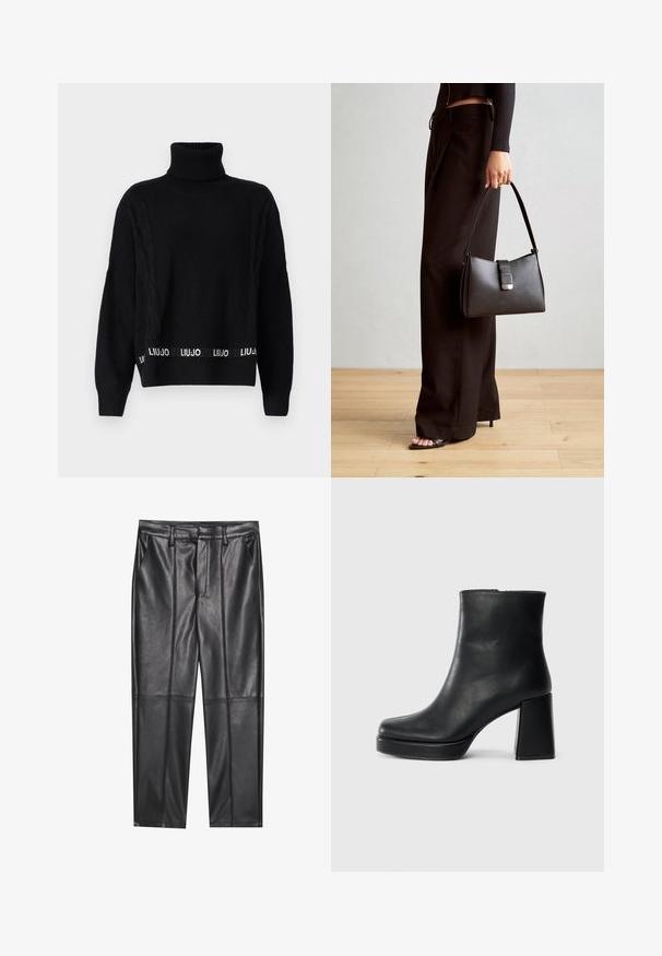 LIU JO Džemperis - nero; Melni ādas bikses ar gludu tekstūru, taisnas piegriezuma, divi priekšējie kabatas un redzami šuvju izstrādājumi.; Melna ādas potīšu zābaku ar bloku papēdi un platformas zoli, skatīts no sāna uz vienkārša balta fona.; Melnā somiņa ar strukturētu formu, gludu tekstūru un metālu sprādzi. Saskaņota ar platām melnām biksēm un sandālēm ar atvērtu purngalu uz koka grīdas.