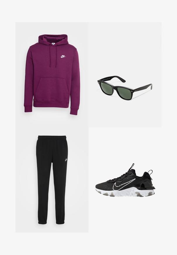 Nike Sportswear SPORTSWEAR CLUB FLEECE - Sweatshirt com capuz - sangria; Calças de fato de treino pretas com um cinto elástico, pernas ajustadas e um pequeno logótipo da Nike em branco no lado esquerdo. Feitas de um tecido macio texturizado.; Sapatilha atlética preta com um cabedal de tecido texturizado, swoosh branco da Nike e sola branca espessa. Apresenta uma alça no calcanhar para facilitar o calçar.; Óculos de sol de plástico preto com lentes verdes, armações quadradas, detalhe prateado na sobrancelha e hastes texturizadas. Marca indicada na parte interna da haste.