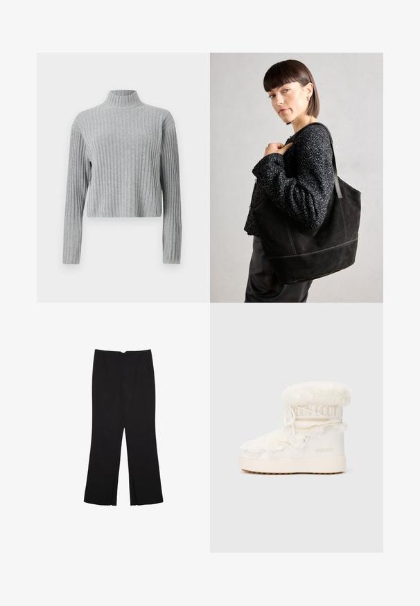 Grau gerippter Rollkragenpullover mit langen Ärmeln, cropped Saum, weicher Textur und taillierter Passform. Keine sichtbaren Beschläge oder Muster.; Schwarze Hose mit geradem Schnitt, ausgestattet mit Fronttaschen und Seitenschlitzen am Saum. Hergestellt aus weichem, glattem Stoff. Geeignet für verschiedene Anlässe.; Weiße, mit Fell gefütterte Moon Boots mit glatter Oberfläche, runder Form, dickem Sohlen und kontrastierender, brauner Gummisohle. Mit Schnürsenkeln und Branding.; Schwarze Wildleder-Tote-Tasche mit glatter Textur, strukturiertem Design und kontrastierenden Nähten. Verfügt über lange Träger zum Tragen über der Schulter.