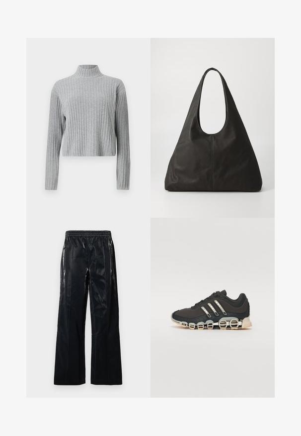 Šedý žebrovaný rolák s dlouhými rukávy, zkráceným lemem, měkkou strukturou a přiléhavým designem. Bez viditelných detailů nebo vzorů.; Černé široké kalhoty vyrobené z lesklého materiálu. Mají elastický pas a vertikální švy pro strukturu a design. Hladká textura.; Černá atletická bota s texturovaným svrškem, třemi stříbrnými pruhy a výraznou odpruženou podrážkou se spoustou integrovaných sekcí.; Černá kožená taška přes rameno s zakřiveným držadlem, prodlouženým trojúhelníkovým tvarem a hladkým povrchem. Disponuje minimalistickým designem bez viditelného kování.