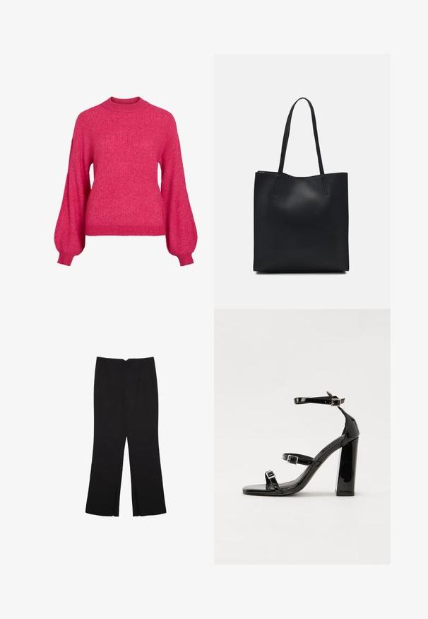 Różowy sweter z dzianiny z okrągłym dekoltem, długimi bufkami na rękawach i prążkowaną fakturą. Casualowy krój dopasowany w talii.; Czarne spodnie o prostym kroju, z przednimi kieszeniami i bocznymi rozcięciami na dole. Wykonane z miękkiego, gładkiego materiału. Odpowiednie na różne okazje.; Czarne lakierowane sandały na obcasie z kwadratowym noskiem, z paskami wokół kostki i srebrnymi klamrami. Posiadają masywny słupek dla stabilności.; Czarna skórzana torba tote o gładkiej fakturze, prostokątnym kształcie i dwóch długich uchwytach. Brak widocznych elementów metalowych i ozdób.