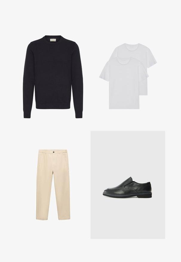 Črn pleten pulover s okroglo ovratnikom, dolgimi rokavi in rebrastimi manšetami ter robom. Gladka tekstura brez vidnih vzorcev ali okrasnih elementov.; Dve bele bombažne majice s krožnim ovratnikom, kratkimi rokavi in mehkimi teksturami. Obe sta enobarvni, brez vidnih vzorcev ali dodatkov.; Bež hlače za prosti čas, narejene iz mehke tkanine; imajo elastičen pas, sprednje žepe in ravno krojeno hlačnico.; Črne usnjene natikače z gladkim zgornjim delom, prišitimi detajli, zaobljenim nosom in nizkim gumijastim petkom. Podplat ima minimalen profil.