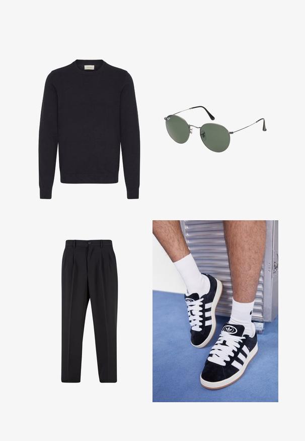 Juodas megztinis su apvalia iškirpte, ilgomis rankovėmis ir elastingais rankogaliais bei apačia. Lygus paviršius be matomų raštų ar puošybos.; Juodi kelnių su raukšlėtu priekiu dizainu, pagaminti iš lygaus audinio. Su mygtuko užsegimu ir diržo kilpomis; tiesios kojų formos.; Juodos zomšos sportbačiai su baltais raišteliais ir trimis baltais dryžiais. Ant liežuvėlio yra apvalus juodas logotipas, o pado medžiaga – guminė.; Metaliniai akiniai su ovaliais žaliais lęšiais. Plonas sidabro spalvos metalinis rėmas ir juodi ausų laikikliai. Minimalistinis dizainas, be matomų logotipų.