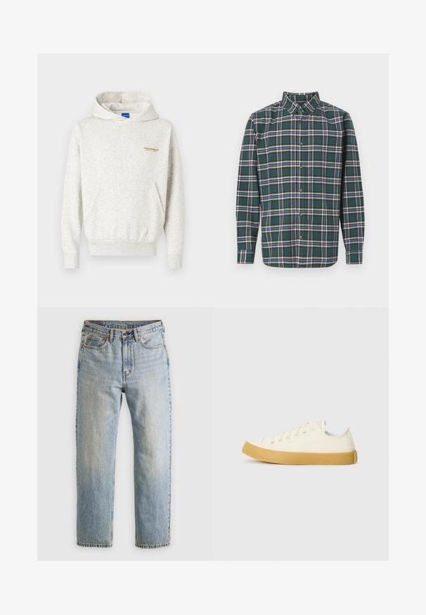 Hoodie gris clair en tissu doux, doté d'une poche kangourou et de poignets côtelés, avec un petit graphisme jaune sur la poitrine.; Chemise en flanelle verte avec un motif à carreaux comportant des lignes bleues, blanches et moutarde. Devant boutonné et col pointu. Manches longues.; Jean en denim bleu clair à taille haute, avec bouton avant, fermeture éclair et design à cinq poches, posé à plat sur un fond neutre.; Des baskets en toile couleur écru avec un bout rond, dotées de semelles en caoutchouc beige et de cinq œillets pour les lacets, avec une finition texturée sur la tige.