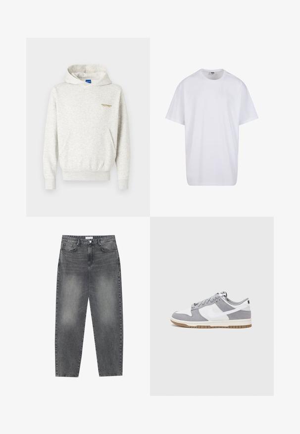 Felpa grigia chiara realizzata in morbido tessuto, con tasca a marsupio e polsini a costine, decorata con una piccola grafica gialla sul petto.; Maglietta bianca in cotone con maniche corte, scollatura rotonda, vestibilità comoda e senza loghi o motivi visibili. Texture liscia e design minimale.; Jeans a vita alta, dal taglio ampio in denim nero sbiadito. Presentano cinque tasche, passanti per cintura e un design dritto e pulito.; Sneaker grigia e bianca con tomaia in suede e pelle, punta arrotondata, lacci piatti e soletta in gomma con un accento color caramello.