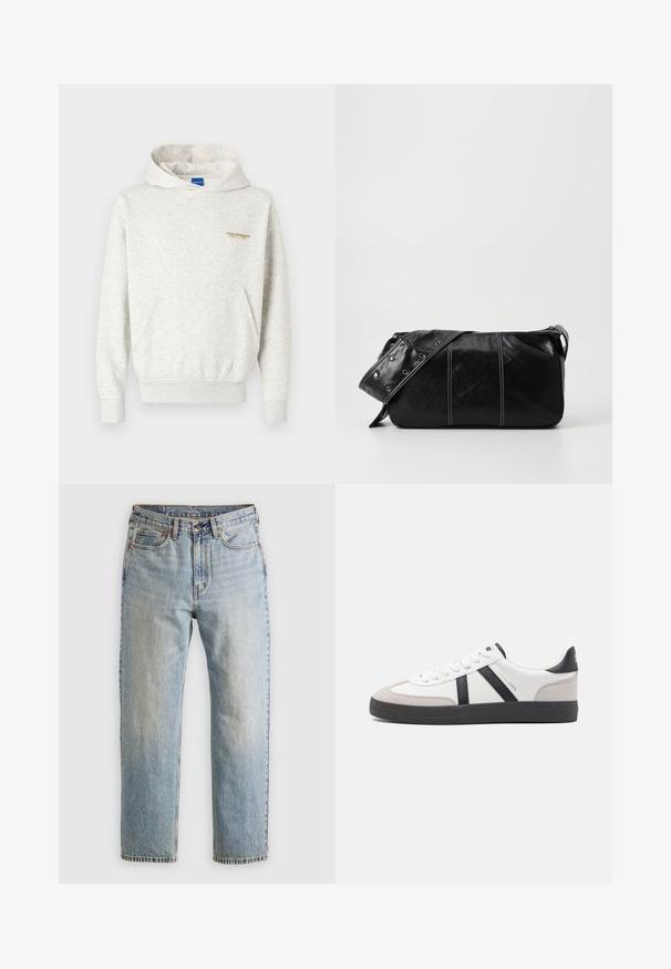 Felpa grigia chiara realizzata in morbido tessuto, con tasca a marsupio e polsini a costine, decorata con una piccola grafica gialla sul petto.; Jeans in denim azzurro chiaro con vita alta, bottone anteriore, cerniera e design a cinque tasche, adagiati su uno sfondo neutro.; Sneaker bianco con accenti neri e grigi, dotata di una punta grigia testurizzata, suola in gomma nera e lacci bianchi piatti. Design pulito, stile minimalista.; Borsa a spalla in pelle nera con chiusura a zip, caratterizzata da un corpo testurizzato, cuciture bianche e una tracolla con occhielli in argento.