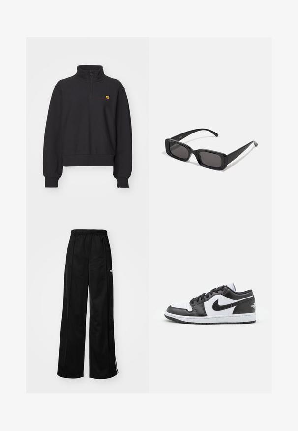 Svart hettegenser med høy krage og kvart glidelås. Har ribbestrikkede mansjetter og nederkant. Inkluderer en liten, flerfarget logo på brystet.; Sorte bredde bukser med elastisk midje, med hvite sidestreker og en liten logo på venstre hofte. Glatt stofftekstur.; Sorte og hvite Nike lave sneakers har en glatt læroverdel, rund tå, snøring og en mønstret gummisåle.; Svarte rektangulære solbriller med mørke linser, glanset overflate, brede stenger og en kraftig rammedesign. Graveret merkenavn på en stang.