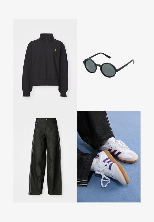 Zwarte sweatshirt met hoge kraag en kwart-rits. Voorzien van ribbenboorden bij de mouwen en de onderkant. Inclusief een klein, veelkleurig logo op de borst.; Zwarte denim wijde broek met witte zijkanten, voorzien van voorzakken, een knoopsluiting en een subtiele logo nabij de tailleband.; Witte sportieve schoenen met paarse strepen en leren bruine rubberen zolen, met ronde veters en een gepolsterde kraag. Draagt men bij donkere spijkerbroeken.; Ronde zonnebril met een zwart plastic montuur en donkergrijze lenzen. Heeft dunne, rechte pootjes met minimalistische accenten.