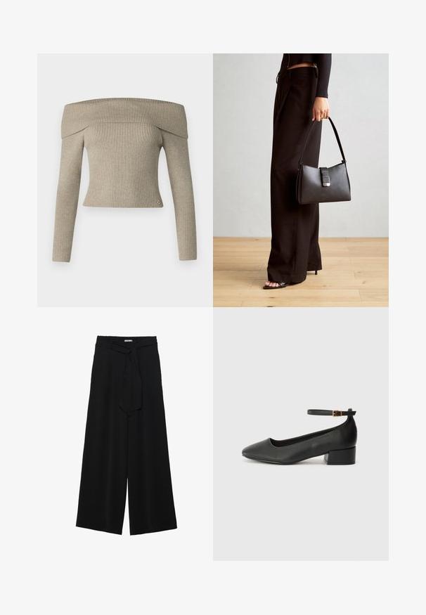 Top beige a spalle scoperte in maglia a coste, con maniche lunghe e design aderente. Presenta un piccolo logo in evidenza all'orlo.; Pantaloni neri a gamba larga caratterizzati da un tessuto testurizzato, una vita elastica e una cintura staccabile per una vestibilità regolabile.; Pump in pelle nera con punta affusolata e tacco basso a blocco. Presenta una cinghia alla caviglia con una fibbia in tonalità oro. Texture liscia.; Borsa nera con forma strutturata, texture liscia e una chiusura metallica. Abbinata a pantaloni neri larghi e sandali open-toe su un pavimento in legno.