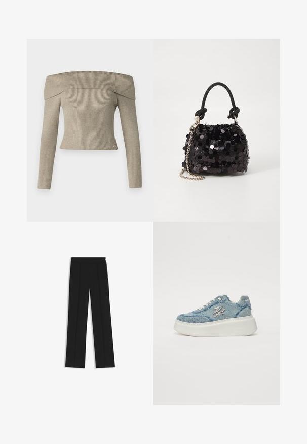Beige farbenes, geripptes Strickoberteil mit schulterfreien Ärmeln und tailliertem Schnitt. Mit einem kleinen Logoakzent am Saum.; Schwarze weite Hosen mit zwei vorderen Falten, elastischem Taillenbund und seitlichen Reißverschlüssen als Detail. Glatte Textur und minimalistisches Design.; Denim-Sneaker mit einer dicken weißen Plateausohle. Mit ausgefransten Kanten und metallischen Akzenten, darunter ein dekoratives Logo an der Seite.; Schwarze Pailletten-Mini-Handtasche mit einem geknoteten, strukturierten Tragegurt und einer silbernen Kette. Abgerundete Form mit gerafftem oberen Teil und reflektierenden Details.
