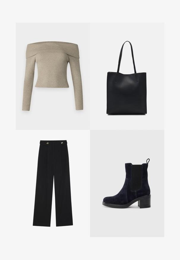 Top beige a spalle scoperte in maglia a coste, con maniche lunghe e design aderente. Presenta un piccolo logo in evidenza all'orlo.; Pantaloni neri a gamba larga con vita alta, dettagli con bottoni in vita e pieghe frontali.; Stivaletti alla caviglia in camoscio blu navy con pannello elastico laterale, punta tonda e tacco a blocco. Il tessuto testurizzato e la suola liscia aggiungono contrasto.; Borsa tote in pelle nera con texture liscia, forma rettangolare e due manici lunghi. Nessun hardware o decorazione visibile.