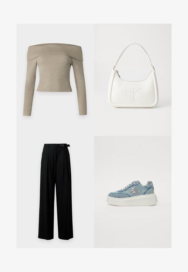 Off-the-shoulder beige ribbed knit top with long sleeves and fitted design. Features a small logo accent at the hem.; Black wide-leg trousers with a high waist, pleats at the front, and a belt featuring a buckle. Made from smooth, lightweight fabric.; Denim sneaker with a thick white platform sole. Features frayed edges and metallic accents, including a decorative logo on the side.; White leather handbag with a curved shape, featuring an embossed "CK" logo on the front and a single shoulder strap. Zipper closure at top.