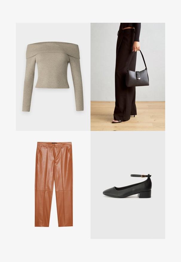 Bežs off-the-shoulder ribu adījuma tops ar garām piedurknēm un pieguļošu dizainu. Tajā ir neliela logotipa akcentācija apakšējā malu.; Brūnas mākslīgās ādas bikses ar pielāgotu piegriezumu, kurām ir priekšējās krokas un taisnas kājas. Gluda tekstūra bez redzamiem detaļām vai akcentiem.; Melnas ādas sūkņi ar smailu purngalu un zemu bloku papēdi. Iezīmēts ar potītes siksniņu ar zelta krāsas sprādzi. Gluda tekstūra.; Melnā somiņa ar strukturētu formu, gludu tekstūru un metālu sprādzi. Saskaņota ar platām melnām biksēm un sandālēm ar atvērtu purngalu uz koka grīdas.