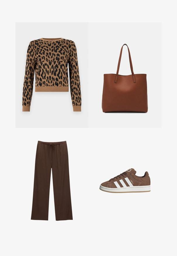 Maglione leopardato in colore sabbia con macchie nere. Realizzato in maglia, presenta un collo rotondo e un orlo a coste. Lunghezza cropped e maniche lunghe.; Pantaloni larghi marroni realizzati in tessuto morbido, con vita elastica e cordoncino, e due tasche laterali.; Sneakers in suede marrone con strisce in pelle bianca, suola in gomma, punta rotonda e lacci. Presentano un logo sulla linguetta e dettagli perforati.; Borsa tote in pelle marrone con texture liscia, design con apertura superiore e due spallacci. Presenta cuciture minime e nessun hardware visibile.