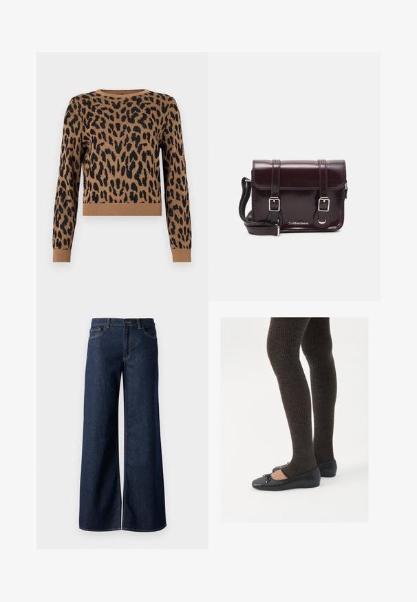 Tan krāsas svītra ar melniem plankumiem. Materiāls ir adīts, ar apaļu kakla izgriezumu un ribotām malām. Apgriezta garuma un garām piedurknēm.; Platas kājas džinsi tumši zilā denima krāsā. Iespējas ir kontrastējošās vīles, piecas kabatas un pogu aizdare jostasvietā. Gluda tekstūra.; Melnas plakano formas kurpes ar mazu loku uz pirksta, apvienotas ar tumši brūnām ribotām zeķubiksēm. Kurpēm ir gluda tekstūra un zems profils.; Burgundijas lakotas ādas crossbody soma ar taisnstūrveida formu, divām siksnām, sudraba krāsas aksesuāriem un vāku ar aizdari.