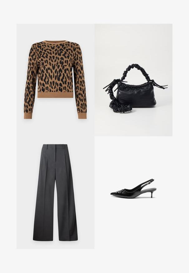 Sveter s leopardím vzorom v béžovej farbe s čiernymi škvrnami. Materiál je pletený, má okrúhly výstrih a rebrovaný lem. Krátka dĺžka a dlhé rukávy.; Nohavice s širokými nohavicami z tmavošedej látky, s vysokým pásom, jedinými záhybmi a hladkou textúrou s čistým zakončením na lemoch.; Čierne kožené slingback podpätky s ostrou špičkou, malým podpatkom a dekoratívnym uzlom vpredu. Hladký povrch po celom obvode.; Čierna umelá kožená kabelka s kroko vzorom, sťahovaným vrchom a zhnutým popruhom. Vyzerá mäkko a kompaktné v dizajne.
