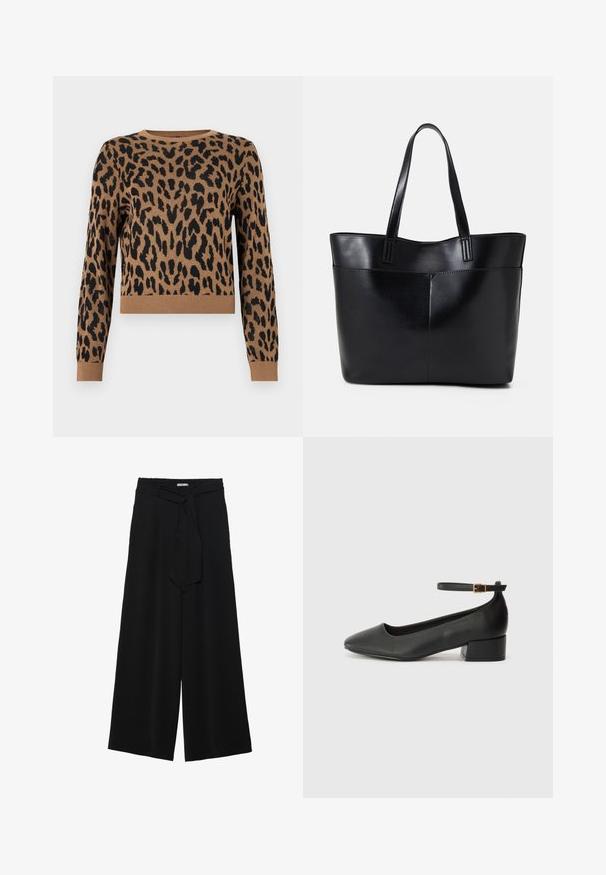 Leopard print sweater in tan with black spots. Material is knit, features a round neckline and ribbed hem. Cropped length and long sleeves.; Black wide-leg pants featuring a textured fabric, an elastic waistband, and a detachable sash tie at the waist for adjustable fit.; Black leather pump with a pointed toe and a low block heel. Features an ankle strap with a gold-tone buckle. Smooth texture.; Black leather tote bag with two long handles, a smooth texture, and a structured shape. Features a front pocket for additional storage.
