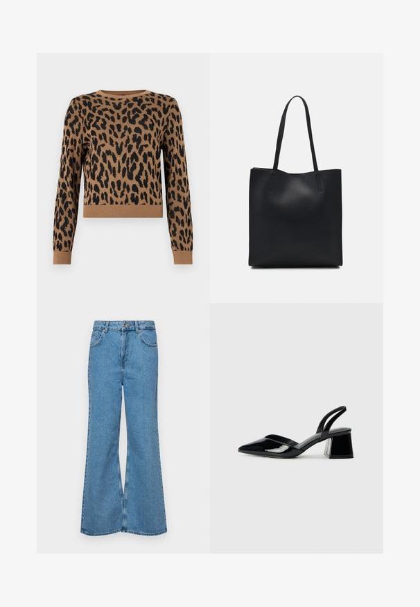 Pulover z leopardjim vzorcem v tan barvi z črnimi madeži. Material je pleten, ima okroglo ovratnik in rebrast rob. Kratka dolžina in dolgi rokavi.; Svetlo modri razširjeni džins hlače iz denima, z visokim pasom, petimi žepi in enim gumbom za zapiranje. Mehka tekstura z blagim zbledelim videzom.; Črne lakirane slingback pete s koničastim nosom in geometrijsko blokasto peto. Imajo eleganten, minimalističen dizajn in gladko teksturo.; Črna usnjena torba s svilnato teksturo, pravokotne oblike in dvema dolgima ročajema. Brez vidnih metalnih delov ali okrasnih elementov.
