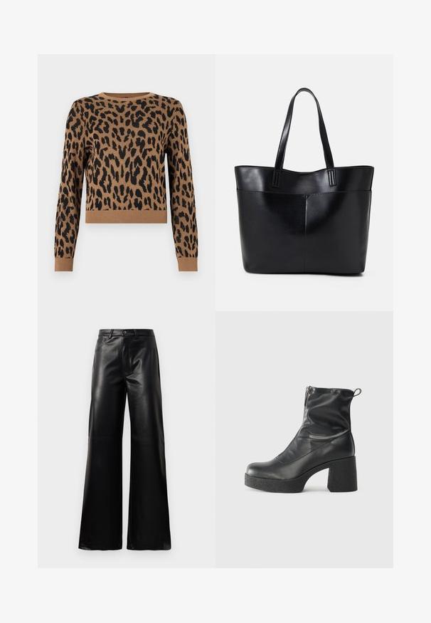 Leopardikuvioinen villapaita vaaleanruskeana mustilla läiskillä. Materiaali on neulottu, jossa on pyöreä pääntie ja resorireunus. Lyhyt malli ja pitkät hihat.; Mustat korkeat leveät keinonahkahousut, joissa on etupainike, vetoketjukiinnitys, vyölenkit ja sivutaskut valkoista taustaa vasten.; Mustat nilkkurit, jotka on valmistettu sileästä nahasta. Niissä on sivuvetoketju, paksu teksturoitu korko ja pyöristetty kärki.; Musta nahkainen kassi, jossa on kaksi pitkää kahvaa, sileä pinta ja jämäkkä muoto. Sisältää etutaskun lisävarastointia varten.