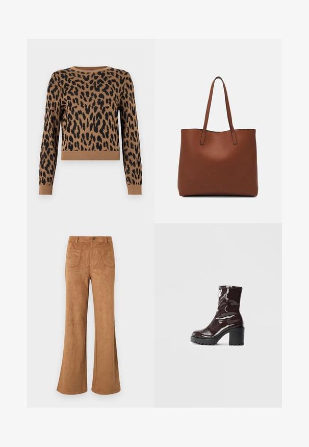 Pulover sa uzorkom leoparda u smeškastoj boji sa crnim tačkama. Materijal je pleten, sa okruglim izrezom i rebrastim rubom. Skraćena dužina i dugi rukavi.; Smeđe sued hlače sa širim donjim dijelom, visoki struk, prednji i stražnji džepovi, te glatka tekstura. Dizajnirane za opušteni kroj kroz cijelu nogu.; Sjajna burgundska čizma do gležnja s debelim crnim potplatom, koja se odlikuje glatkom teksturom i jednostavnim dizajnom. Nema vidljivih kopčanja ili uzoraka.; Smeđa kožna torba preko ramena s glatkom teksturom, otvorenim vrhom i dvjema naramenicama. Ima minimalne šavove i nema vidljivog hardvera.