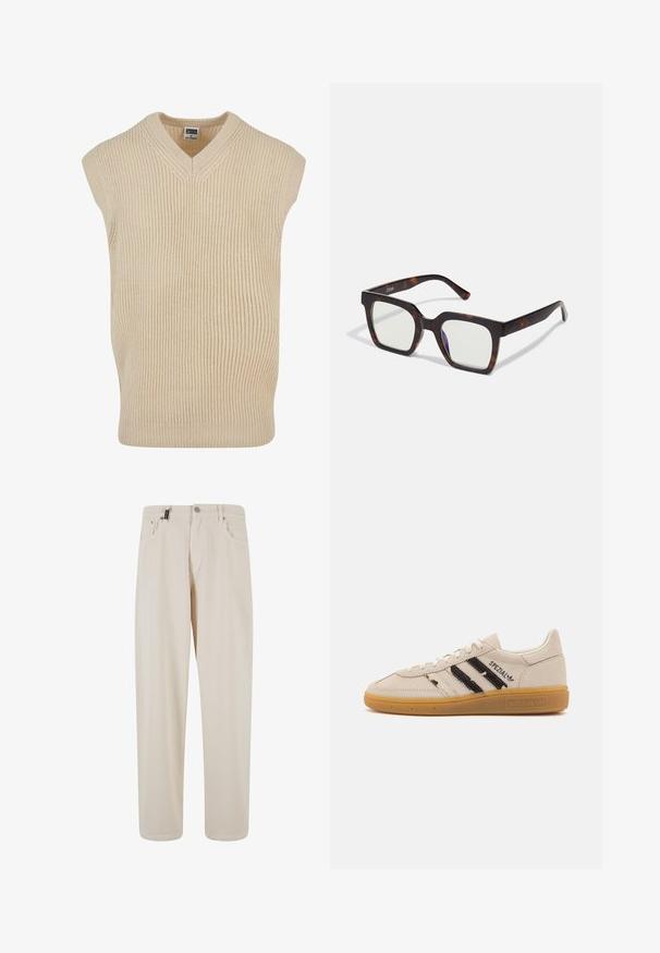 Urban Classics Džemper - softseagrass; Valge pikkade varrukatega nööbiga särk, mis on valmistatud siledast kangast. Omab klassikalist kraed, esipaneeli nuppe ja ühe nööbiga mansette. Kitsas lõige.; Beige puuvillased püksid sirge säärega disainiga, millel on esipocketid ja nööbi kinnitamine. Sile tekstuur ja minimaalne kaunistus.; Beige nubukist sneaker mustrite mustade triipude ja "Spezial" tekstiga, millel on tekstureeritud kummist tald ja klassikaline paeltega sulgemine.; Ruudukujulised päikeseprillid, millel on kilpkonnamustri atsetaadist raam ja selged läätsed. Omavad laiu tempelmeid ja mati viimistluse, mis suurendab üldist vastupidavust.