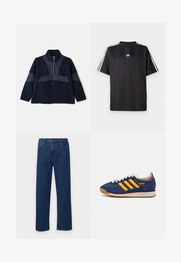 Jūros mėlynos spalvos pūkinis megztinis su aukštu apykakliu, pusiau užtraukiama užtrauktuku ir kontrastingais lygaus audinio intarpais. Švelni tekstūra ir laisvas fasonas suteikia komfortą.; Juodas trumpomis rankovėmis marškinėliai su balta trimis juostelėmis ant pečių ir mažai balta logotipo krūtinėje. Lygus audinio tekstūra.; Tamsiai mėlynos tiesaus žandikaulio džinsai su priekinėmis kišenėmis ir mygtuko uždarymu, rodantys ant paprasto balto fono.; Jūrinis nubuko sportbačių modelis su geltonomis juostelėmis, baltais raišteliais ir bordo akcentais. Su tekstūruota padanga su grioveliais, užtikrinančiais sukibimą. Prekės ženklas ant šono.