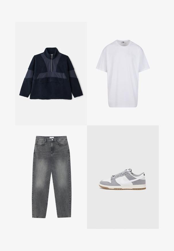 Mornarško flis pulover z visokim ovratnikom, pol-zadrgo in kontrastnimi gladkimi tkaninskimi ploščami. Mehka struktura in sproščen kroj povečujeta udobje.; Bela bombažna majica s kratkimi rokavi, okroglim izrezom, sproščenim krojem in brez vidnih logotipov ali vzorcev. Gladka tekstura in minimalen dizajn.; Visoko pasovi, široke kavbojke iz obledelog črnega denima. Imajo pet žepov, zanke za pas in čisto, ravno obliko nog. ; Sive in bele teniske s suknim in usnjem zgornjim delom, zaobljenim nosom, ravnimi vezalkami in gumijastim podplatom z dodatkom gumijaste barve.