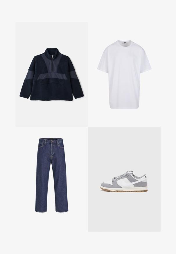 Jūras spēku flīsa džemperis ar augstu apkakli, pusi rāvējslēdzēja un kontrastējošiem gludajiem auduma paneļiem. Mīksta tekstūra un brīvs griezums uzlabo komfortu.; Balta kokvilnas T-kreklu ar īsām piedurknēm, apaļu kakla izgriezumu, brīvu piegriezumu un bez redzamām logo vai rakstiem. Gluda tekstūra un minimālistisks dizains.; Tumši zili džinsu bikses ar taisnu piegriezumu, piecu kabatu dizainu, metāla pogas aizdari un kontrastējošām šuvēm, ar smalku faktūru.; Pelēki un balti sporta apavi ar zamšādas un ādas virsu, noapaļota purngala, plakaniem šņorēm un gumijas zoli ar gumijas akcentu.