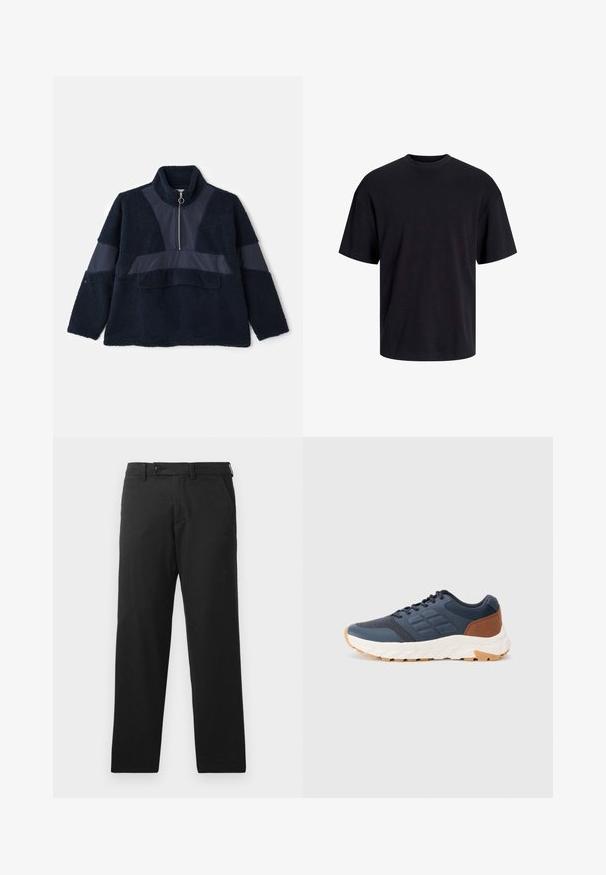 Navy fleece pullover with a high collar, half zip, and contrasting smooth fabric panels. Soft texture and relaxed fit enhance comfort.; Black cotton t-shirt with a crew neckline, short sleeves, and a relaxed fit. Smooth texture and no visible patterns or accents.; Black trousers made of cotton blend fabric, featuring a straight-leg design, a button closure, and seamless side pockets.; Navy blue athletic shoes with a brown heel accent, textured mesh upper, padded collar, and white rubber sole with a patterned tread.