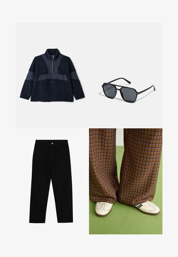 Marinefarget fleece-genser med høy krage, halv glidelås og kontrasterende glatte stoffpaneler. Den myke teksturen og den avslappede passformen øker komforten.; Sorte denimbukser med rett benklipp, fem-lomme design og frontknappåpning. Jevn tekstur med minimale sømdetaljer.; Brune og blå rutete vide bukser sammen med hvite sko med svarte detaljer og teksturerte såler, satt mot en grønn bakgrunn.; Sorte solbriller med ottekantet ramme, mørke linser, blank finish, tynde stænger og guld accenter på fronten.
