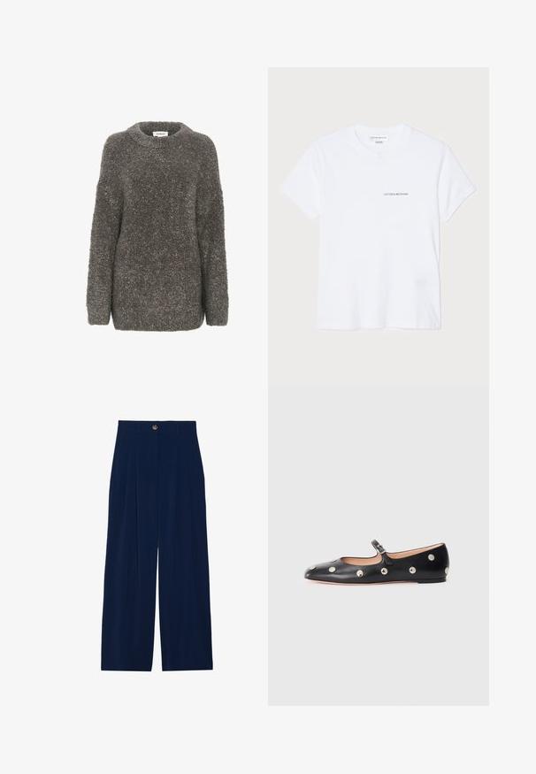 Grau, strukturiertes Sweatshirt mit Rundhalsausschnitt, langen Ärmeln und lockerer Passform. Hergestellt aus einem weichen, flauschigen Material mit einem schlichten Design.; Weißes Baumwoll-T-Shirt mit kurzen Ärmeln, rundem Halsausschnitt und einem kleinen schwarzen "VICTORIA BECKHAM" Logo auf der Brust. Minimalistisches Design.; Marineblaue weit geschnittene Hose aus weichem Material, mit Bundfalten, Knopfverschluss und zwei seitlichen Taschen.; Schwarze Leder-Mary-Jane-Ballenflats mit runder Zehenform, ausgestattet mit silbernen runden Nieten und einem verstellbaren Riemen mit Schnalle.