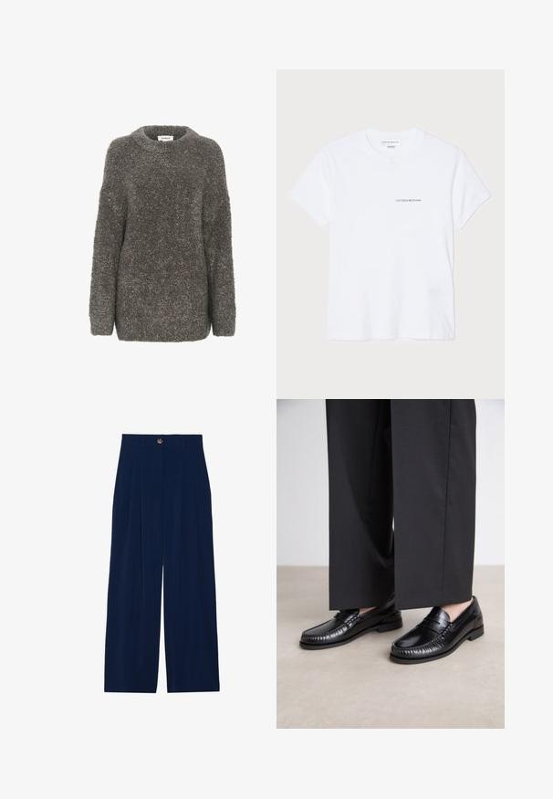 Grau, strukturiertes Sweatshirt mit Rundhalsausschnitt, langen Ärmeln und lockerer Passform. Hergestellt aus einem weichen, flauschigen Material mit einem schlichten Design.; Weißes Baumwoll-T-Shirt mit kurzen Ärmeln, rundem Halsausschnitt und einem kleinen schwarzen "VICTORIA BECKHAM" Logo auf der Brust. Minimalistisches Design.; Marineblaue weit geschnittene Hose aus weichem Material, mit Bundfalten, Knopfverschluss und zwei seitlichen Taschen.; Schwarze Lederloafers mit glatter Oberfläche, genähten Details um die Zehen und einer niedrigen Gummisohle. Kombiniert mit weiten schwarzen Hosen.