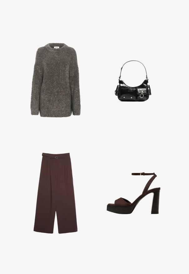 Sivi, teksturirani pulover s okruglim izrezom, dugim rukavima i slobodnim krojem. Napravljen od mekog, plišanog materijala, s jednostavnim dizajnom.; Stradivarius WIDE-LEG WITH BUCKLE DETAIL - Hlače - dark brown; Smeđe zamšaste sandale s visokim potpeticama, otvorenim prstima, podesivom trakicom oko gležnja i prugastom platformom.; Crna patentna kožna torba s zakrivljenim oblikom, jednim remenom za rame, prednjim džepovima i akcentima od srebrnog tona.