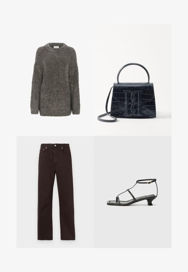 Siv, teksturiran pulover s okroglo izreznico, dolgimi rokavi in ohlapnim krojem. Narejen iz mehkega, puhastga materiala, ki ima preprost dizajn.; Temno rjavi kavbojke z ravnim krojem, opremljene z sprednjim zadrgo, petimi žepi in subtilnimi šivi.; Črne usnjene sandale s kvadratnim prstom, tankimi trakovi, nastavljivim trakom okoli gležnja in nizko peto. Imajo majhen zlat akcent na traku.; Črna ročno vsebovana torbica iz usnja z reliéfom krokodila, z oblikovanim dizajnom, zgornjo ročajem, prilagodljivo zanko in izstopajočim logotipom spredaj.