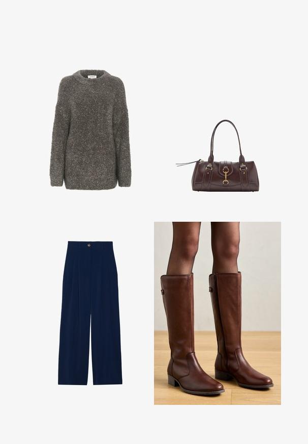 Siv, teksturiran pulover s okroglo izreznico, dolgimi rokavi in ohlapnim krojem. Narejen iz mehkega, puhastga materiala, ki ima preprost dizajn.; Mornarji modre široke hlače iz mehkega materiala, z sprednjimi naborki, gumbastim zapiranjem in dvema stranskima žepoma.; Anna Field LEATHER - Škornji - brown; Temno rjava usnjena torbica z dvema zgornjima ročajema, zlatimi dodatki, podrobnostjo sprednjega zapiranja in šivanim teksturo na straneh.