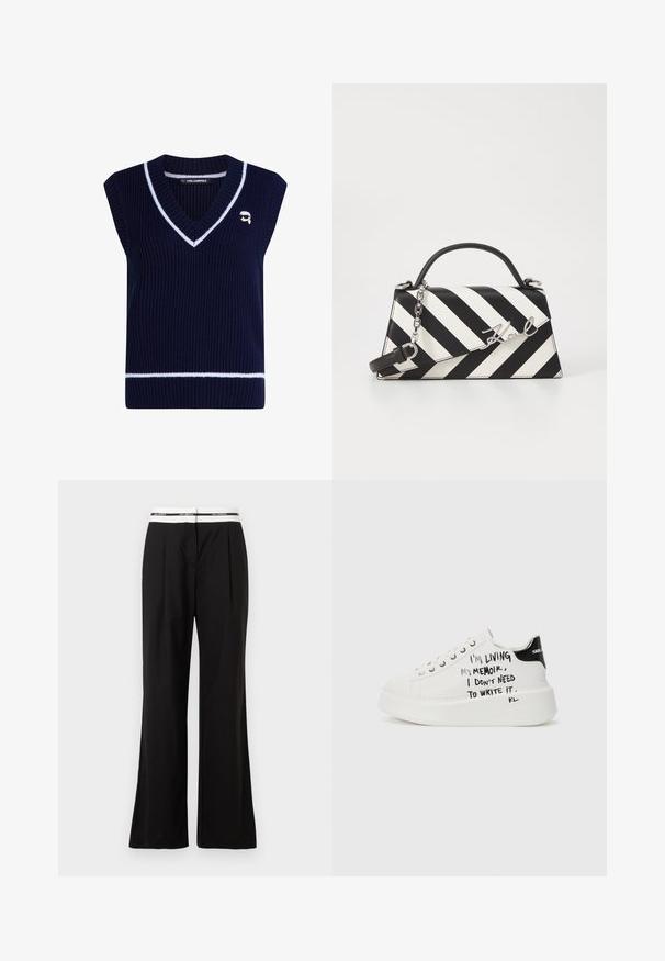 Jūras spēku zilo, ribu adījuma bez piedurknēm džemperi ar V-veida kakla izgriezumu un baltām svītrām. Uz krūtīm ir mazs izšuvums ar logotipu.; Melnas bikses ar brīvu piegriezumu, kurām ir balts elastīgs jostasvads ar zīmolu. Izgatavotas no gludas auduma ar nelielu spīdumu.; Baltie platformas kedas ar melniem akcentiem, ar teksturētu zoli un roku rakstītu tekstu sānos. Gludas ādas materiāls.; Melnām un baltām svītrām rotāta rokassoma ar strukturētu formu, ar augšējo rokturi, noņemamu ķēdes siksnu un metāla logotipa akcentu.