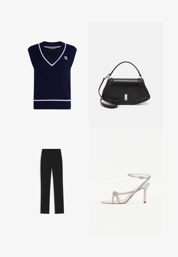 Laivaston tummansininen ribattua neuletta oleva ilman hiuksia oleva villapaita, jossa on V-pääntie ja valkoiset raidat. Rinnassa on pieni brodeerattu logo.; Mustat räätälöidyt housut suoran lahkeen designilla, joissa on etutaskut ja sileä, teksturoitu kangas. Siistit, minimalistiset yksityiskohdat.; Valkoiset korkokenkäsandaalit, joissa on teksturoitu hihna, joka on koristeltu timanteilla, avonainen varvasmuotoilu ja säädettävällä soljella varustettu nilkkahihna.; Mustalla nahkalaukulla, jossa on jämäkkä muotoilu, lyhyt malli, yläkahva ja kultaiset yksityiskohdat. Säädettävä olkahihna sisältyy.