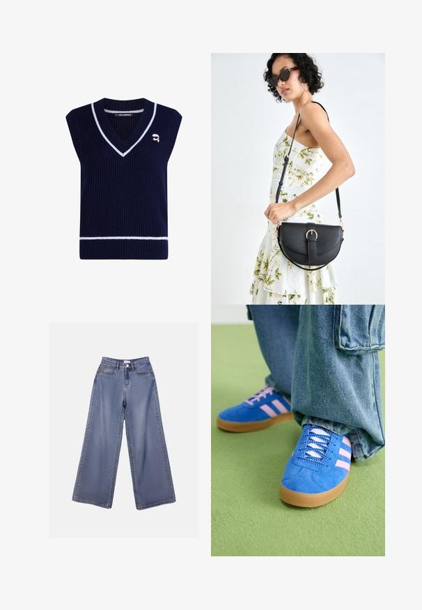 Námořnický hladce pletený bezramenný svetr s výstřihem ve tvaru V a bílými pruhovanými akcenty. Obsahuje malé vyšívané logo na hrudi.; Džínové kalhoty s širokými nohavicemi v světle modrém odstínu, s vysokým pasem, předními kapsami a zapínáním na knoflík s poutky na pásek.; Modré semišové boty s růžovými pruhy a bílými tkaničkami, vybavené gumovou podrážkou, spárované s volnými džínovými kalhotami na zeleném povrchu.; Černá kožená kabelka s křivkovým tvarem, odnímatelným popruhem a zlatými detaily. Kabelka má klopu s přezkou.