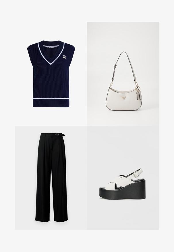 Mornarsko rebrasto pleteno brezrokavnik s V-izrezom in belimi črtastimi detajli. Ima majhen logo izvezen na prsih.; Črne široke hlače z visokim pasom, gubami spredaj in pasom z zaponko. Narejene so iz gladkega, lahkega materiala.; Bele platform sandale z belo podlago, ki imajo črno dno, s prečnimi trakovi in nastavljivim zaponko za gleženj. Gladka tekstura, moderna oblika.; Bela teksturirana torba z ukrivljeno obliko, zlato kovinsko okovje, odtegljiv trak in poudarjen logotip. Vključuje obesek s ključem z blagovno znamko.