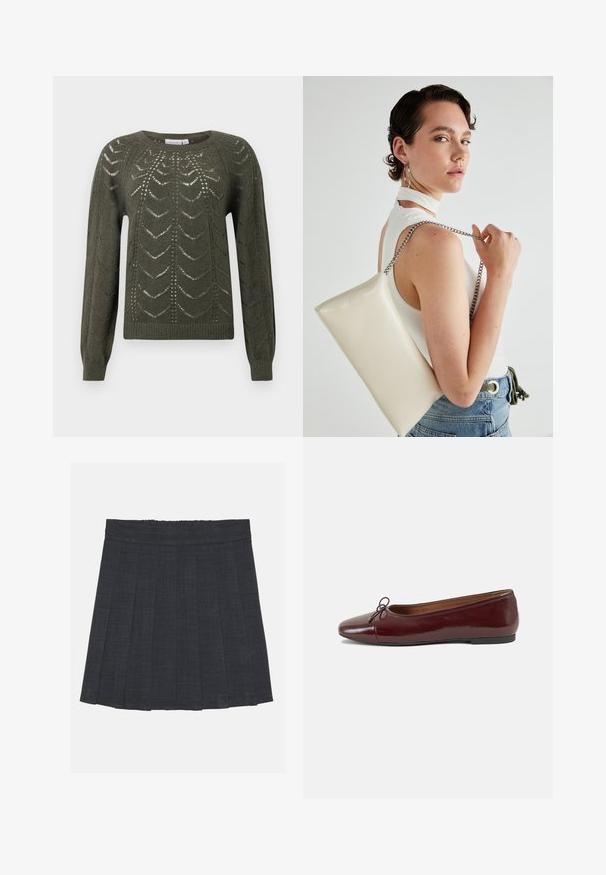 Olivengrønn strikket genser med rund halsskjæring og lange ermer, med en strukturert, åpen mønster og ribbet nederkant.; Mørkegrå plissert skjørt med elastisk midje, med teksturert stoff og en klassisk A-linje silhuett. Passer for hverdagsbruk.; Burgunderrød lakk lær ballettleilighet med rund tå, liten sløyfe foran og en lav, svart gummisåle. Glatt tekstur.; Hvit rektangulær clutch-veske laget av blankt materiale, med en sølvkjede-stropp. Modellen poserer og viser vesken mot en ensfarget bakgrunn.