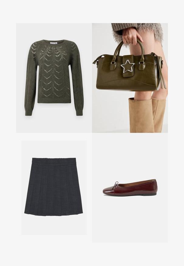 Olive krāsas adīts džemperis ar apaļu kakla izgriezumu un garām piedurknēm, ar teksturētu, atvērtu rakstu un ribotu apakšmalu.; Tumši pelēks plisēts svārki ar elastīgu jostu, ar teksturētu audumu un klasisku A formas siluetu. Piemēroti ikdienas valkāšanai.; Burgundijas laku ādas baleta kurpes ar noapaļotu purngalu, nelielu loku akcentu priekšā un zemu melnu gumijas zoli. Gluda tekstūra.; Olive zaļš mākslīgās ādas rokassomu ar sudraba zvaigznes akcentu, divām rokturiem un rāvējslēdzēja aizdari. Strukturēta forma un teksturēta virsma.